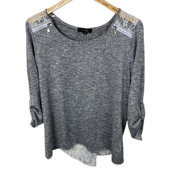 Sloane & Sadie Grey Lace Back Shoulder Zipper‎ Knit Stretch Sweater Size Large L - Picture 2 of 15